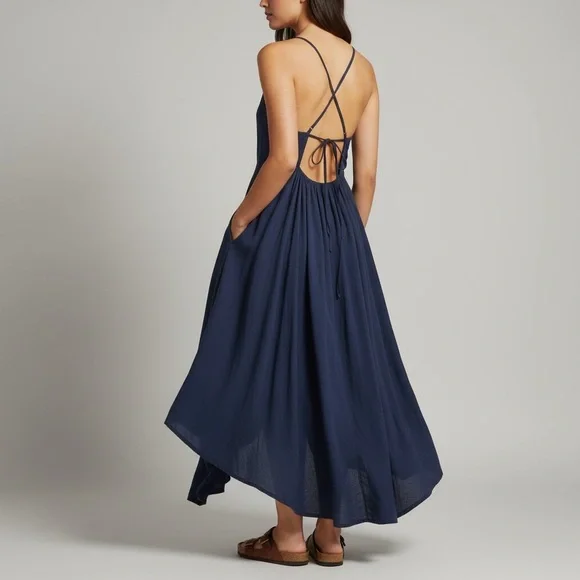 Joe Fresh Navy Linen Blend Maxi Dress with Cross-Strap and open Back - Picture 2 of 10